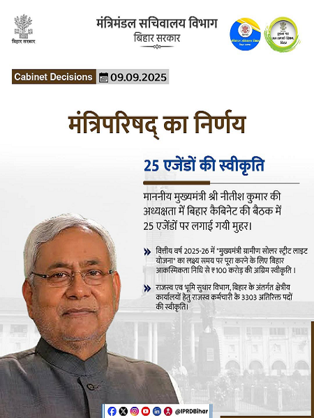 बिहार कैबिनेट की बैठक में 25 अहम एजेंडों को मिली मंजूरी, मुख्यमंत्री ग्रामीण सोलर स्ट्रीट लाइट योजना को बड़ी स्वीकृति