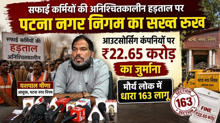 सफाई कर्मियों की अनिश्चितकालीन हड़ताल पर पटना नगर निगम का सख्त रुख: आउटसोर्सिंग कंपनियों पर ₹22.65 करोड़ का जुर्माना, मौर्य लोक में धारा 163 लागू